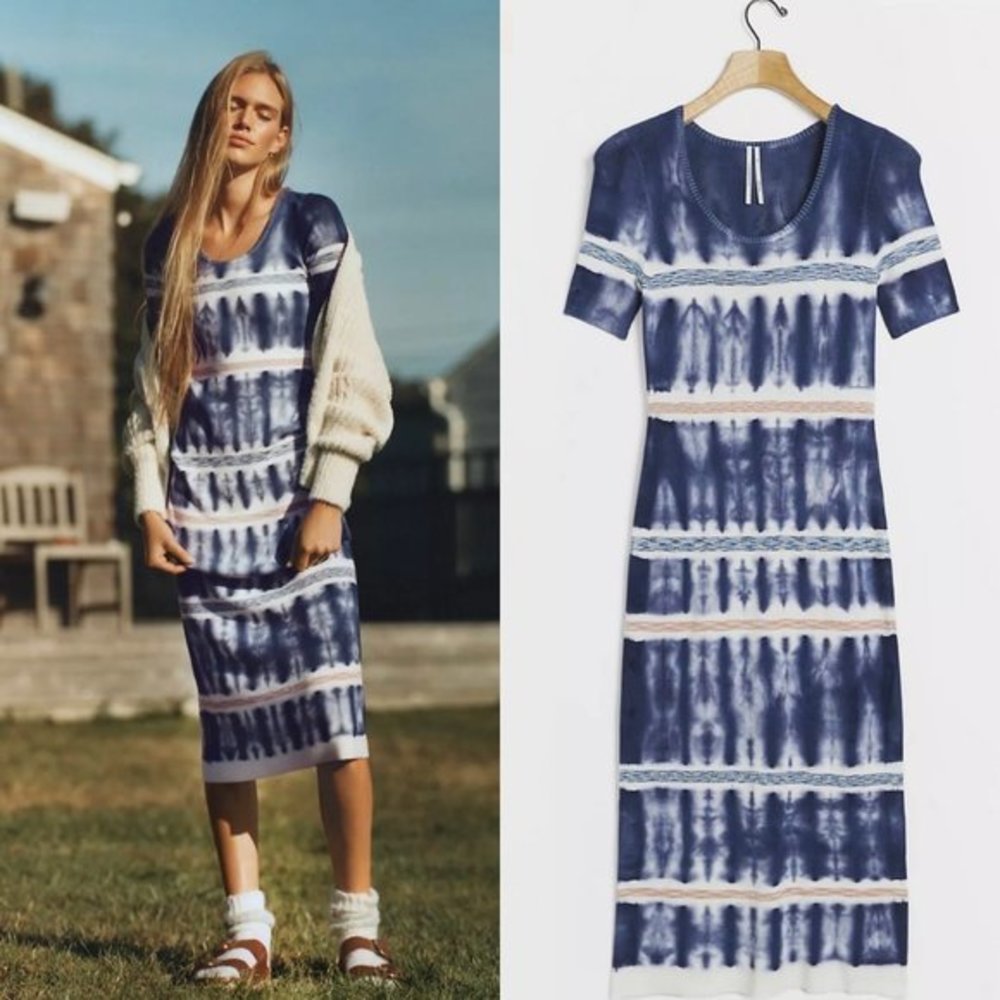 NWT Anthropologie Kato Tie-Dye Midi Fitted Dress Blue Medium Maxi Womens Stretch